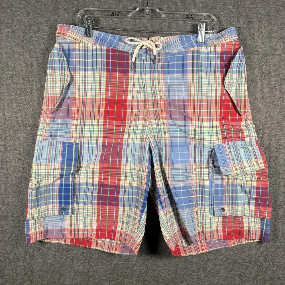 Polo Ralph Lauren Mens 36 Madras Plaid Cargo Board Shorts Swim Trunks Y2K Resort